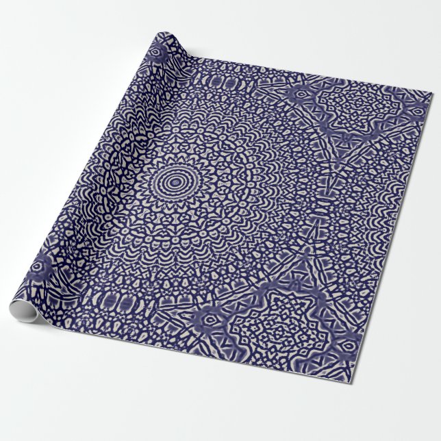 Mandala Smudge Watercolor Dark Blue Pattern Wrapping Paper (Unrolled)