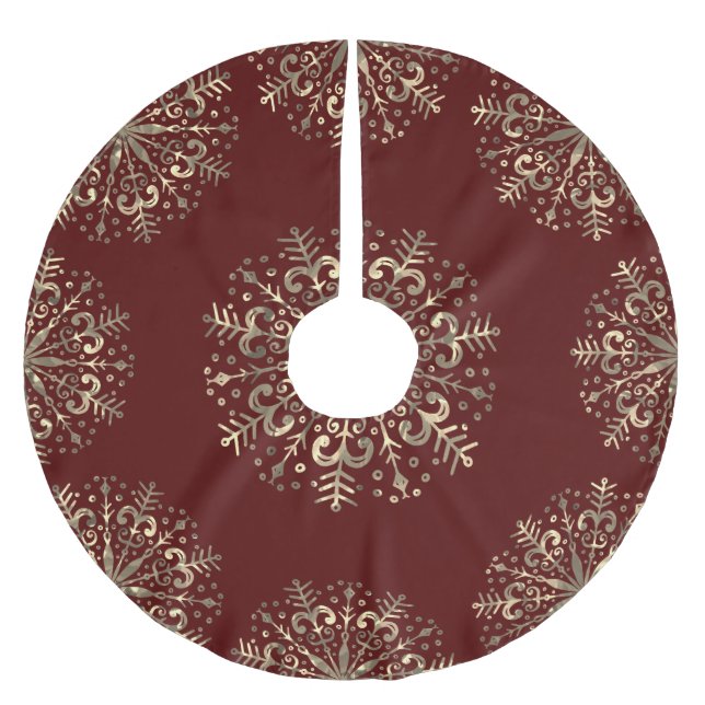 Mandala Snowflake Gold Burgundy Red Brushed Polyester Tree Skirt (Front)