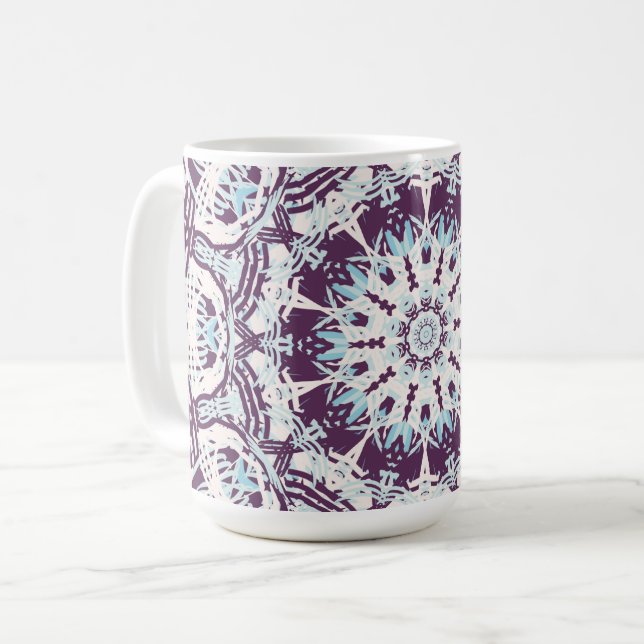Mandala Spiritual Kaleidoscope Blue Purple White.  Coffee Mug (Front Left)