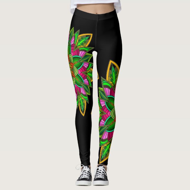 Mandala Star Power, Vivid multicolor on black Leggings (Front)