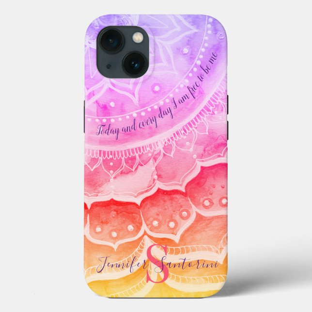 Mandala Sunset Monogrammed Watercolors iPhone case (Back)
