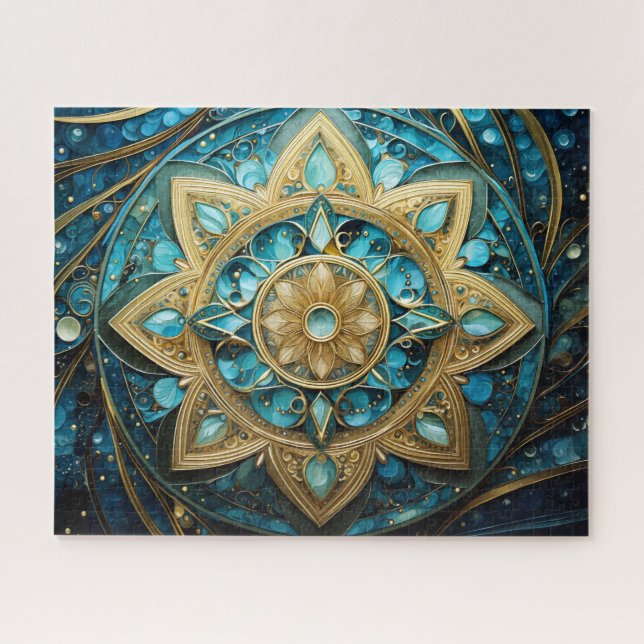 Mandala Teal Blue Gold Jigsaw Puzzle (Horizontal)