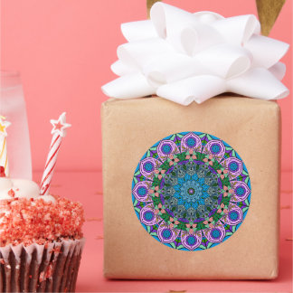 Mandala TealRose 12 Petals Pink Orange Teal Classic Round Sticker