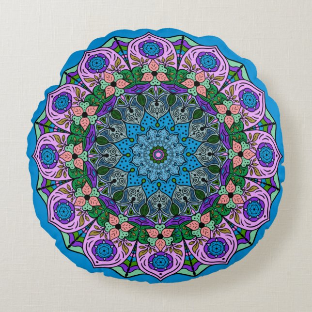 Mandala TealRose 12 Petals Pink Orange Teal Round Cushion (Front)
