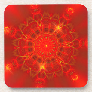 Mandala Thin Lines Warm Colors Red Background Coaster
