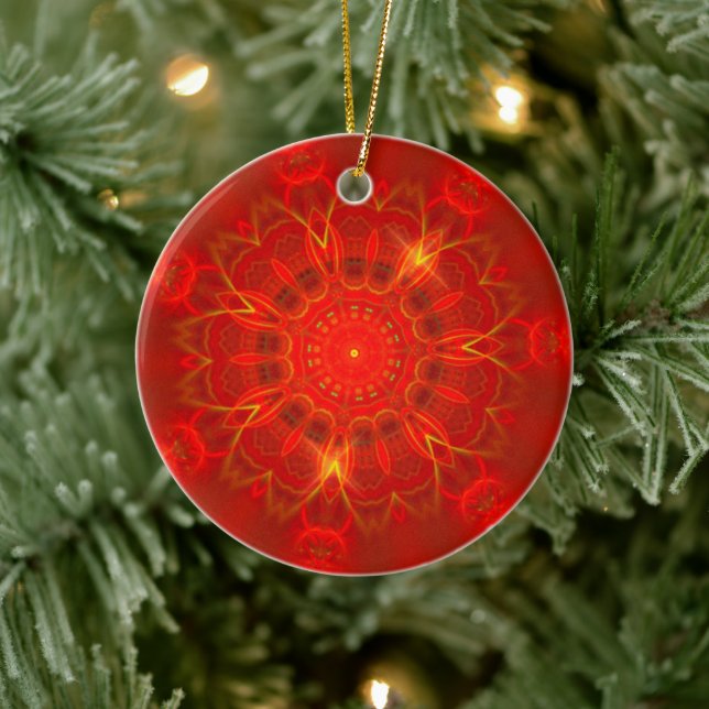Mandala Thin Lines Warm Colours Red Background Ceramic Tree Decoration (Tree)