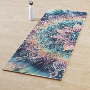 Mandala Tie Dye Pink Boho Watercolor Name Monogram Yoga Mat