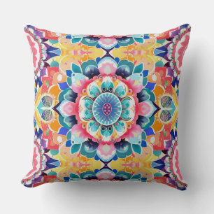 Mandala Tile in Pink, Teal and Yellow Cushion