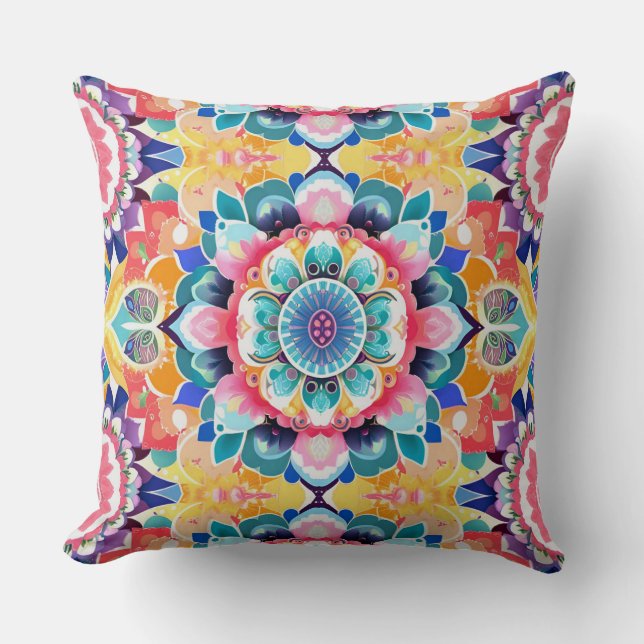  Mandala Tile in Pink, Teal and Yellow Cushion (Front)