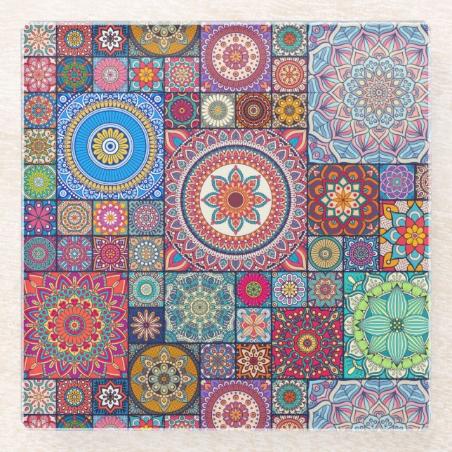 Mandala Tile Pattern Glass Coaster (Front)