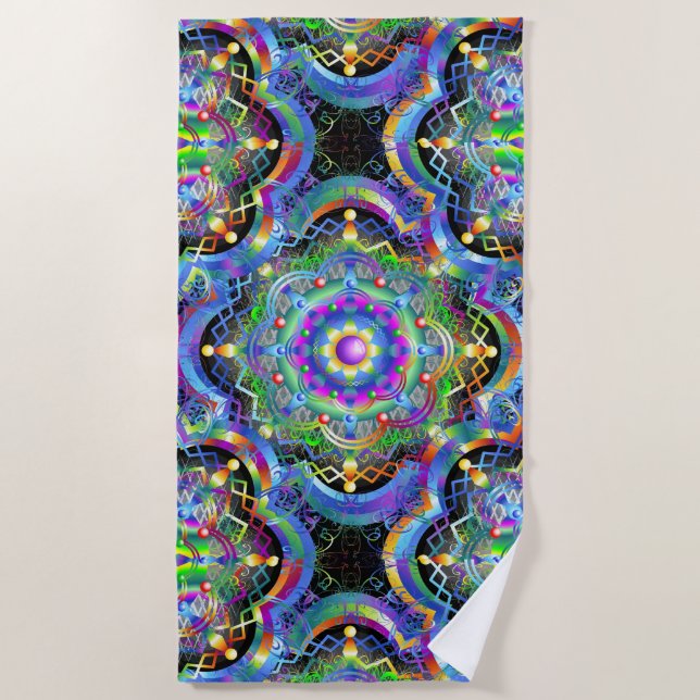 Mandala Universe Psychedelic Colours Beach Towel (Front)