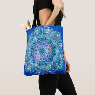 Mandala White Outline 12 on Blue Teal - Tote Bag