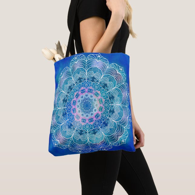Mandala White Outline 12 on Blue Teal -  Tote Bag (Close Up)