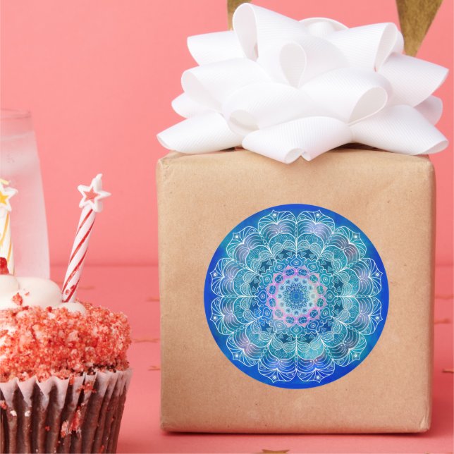 Mandala White Outline blue Watercolor -  Classic Round Sticker (Party)