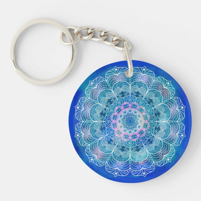 Mandala White Outline blue Watercolor -  Key Ring (Front)