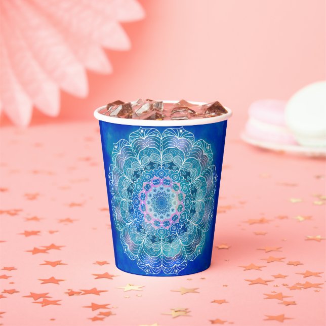 Mandala White Outline blue Watercolor -  Paper Cups (Insitu)