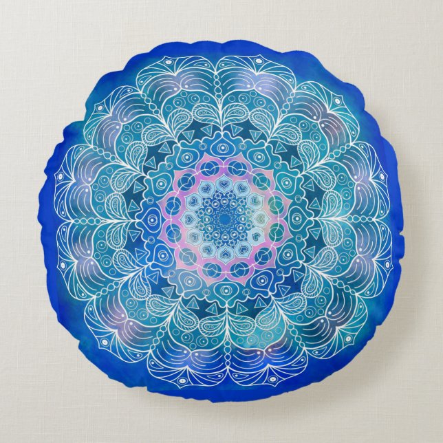 Mandala White Outline blue Watercolor -  Round Cushion (Front)