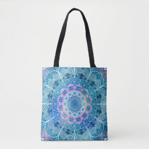 Mandala White Outline blue Watercolor -  Tote Bag