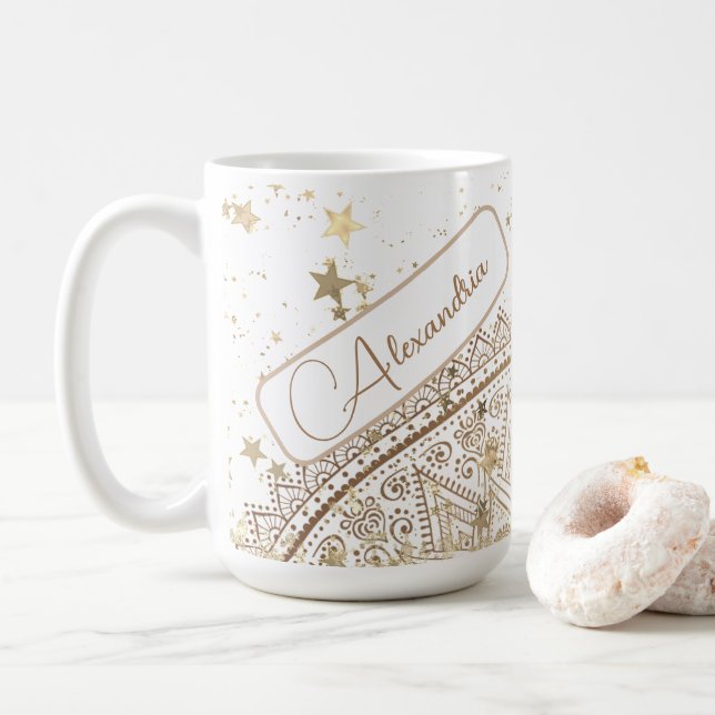  Mandala with Gold Stars on White Personalised Coffee Mug (With Donut)