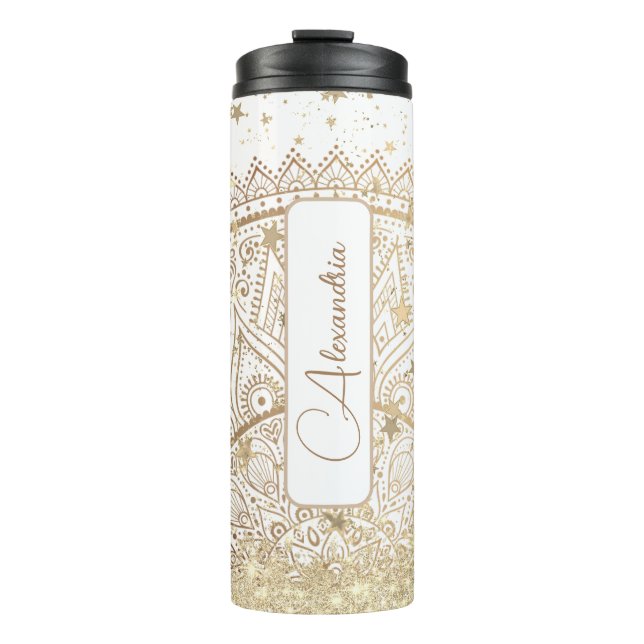  Mandala with Gold Stars on White Personalised Thermal Tumbler (Front)