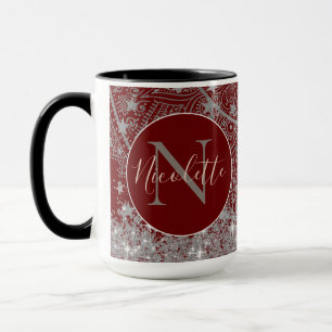 Mandala with Monogram Glitter Silver Stars Red Mug
