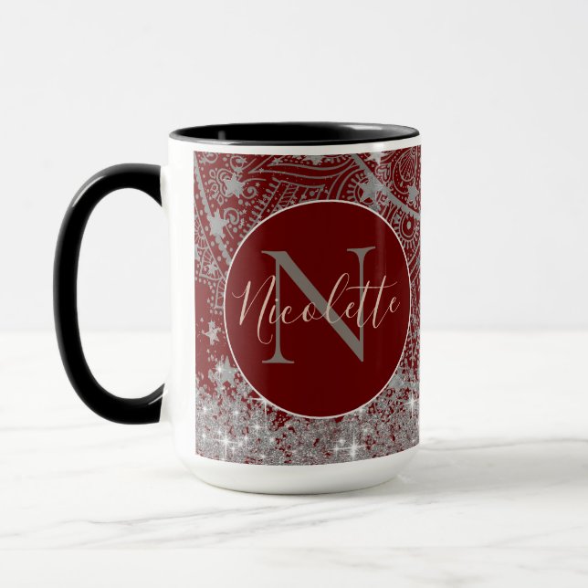  Mandala with Monogram Glitter Silver Stars Red  Mug (Left)