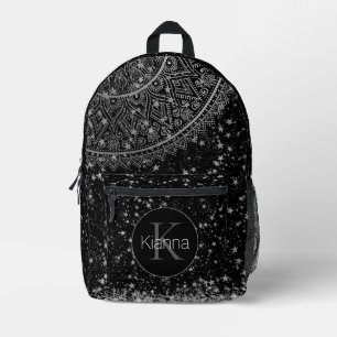Mandala with Silver Stars on Black Personalised Printed Backpack