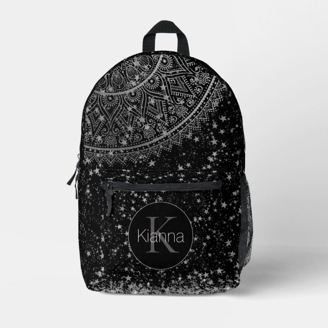 Mandala with Silver Stars on Black Personalised Printed Backpack (Front)