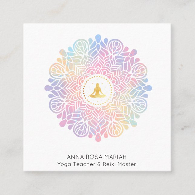 *~* Mandala Women Meditation Energy Pastel Rainbow Square Business Card (Front)