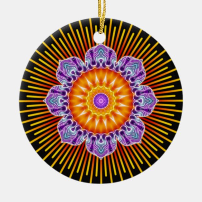Mandala yellow violet black ceramic tree decoration (Front)