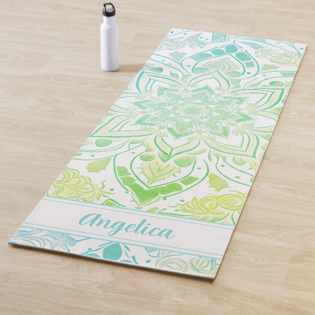 Mandala Yoga Mat in Aqua Blue & Lime Green (In Situ)