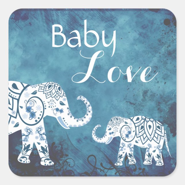 Mandalas and Elephants Baby Love Boy's Baby Shower Square Sticker (Front)