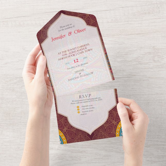 Mandalas on a Maroon background  All In One Invitation (Tearaway)