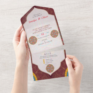 Mandalas on a Maroon background All In One Invitation