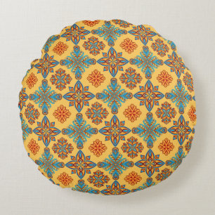 Mandalas on amber yellow round cushion