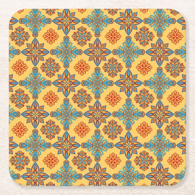 Mandalas on amber yellow square paper coaster (Front)