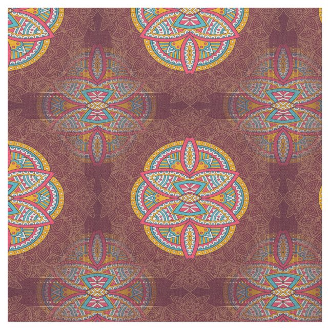 Mandalas on Maroon repeat patterns Fabric (Close Up)
