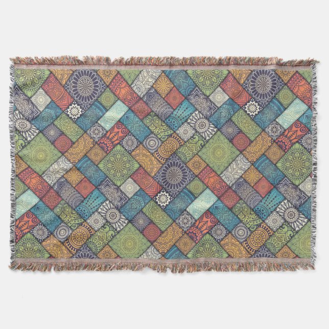 Mandalas squares rectangles muted colours pattern throw blanket (Front)