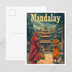 Mandalay Myanmar Vintage Art Travel Illustration Postcard
