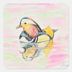 Mandarin Duck Ink and Watercolour Painting Square Sticker