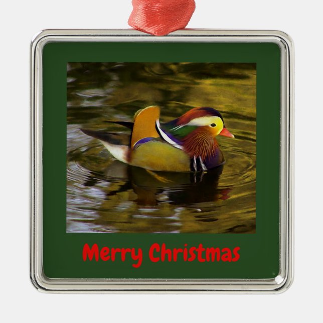Mandarin Duck Merry Christmas Framed Silver Metal Tree Decoration (Front)