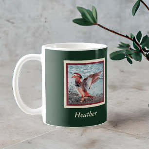 Mandarin Duck on Green and Rust with Name Coffee Mug