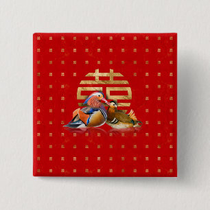 Mandarin Ducks and Double Happiness on red 15 Cm Square Badge