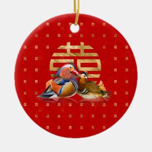 Mandarin Ducks and Double Happiness on red Ceramic Tree Decoration