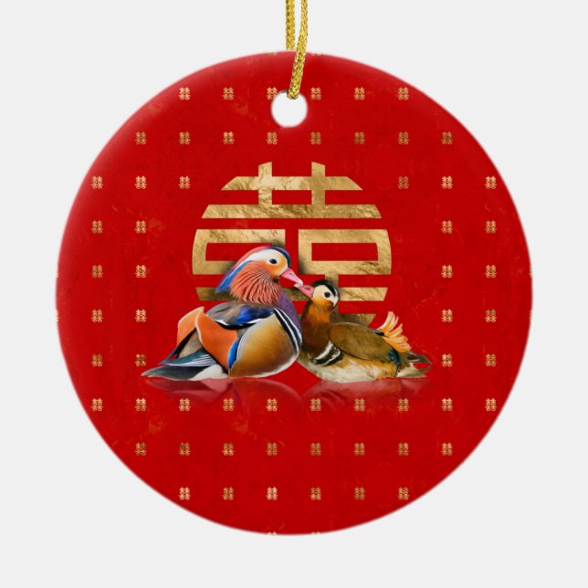 Mandarin Ducks and Double Happiness on red Ceramic Tree Decoration (Front)