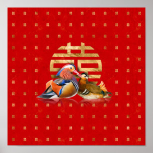 Mandarin Ducks and Double Happiness on red Poster