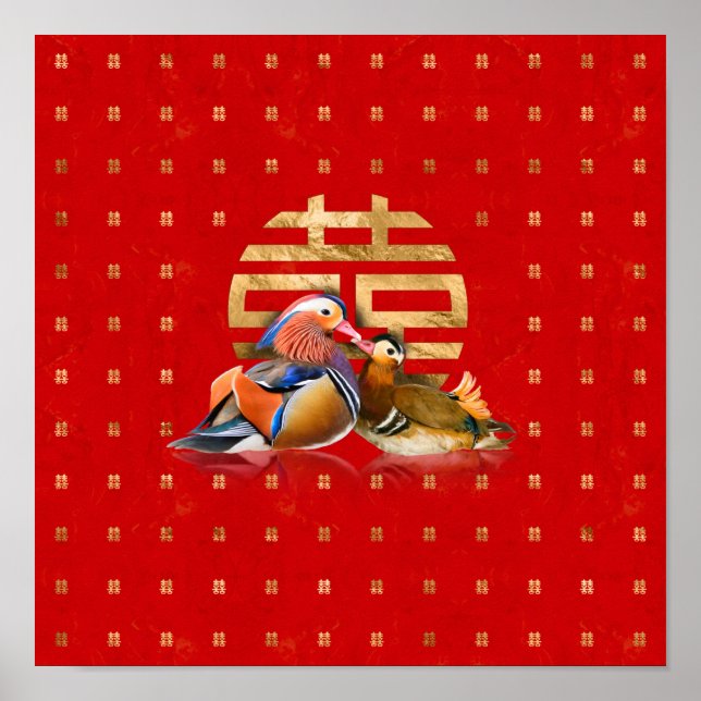 Mandarin Ducks and Double Happiness on red Poster (Front)