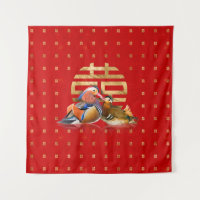 Mandarin Ducks and Double Happiness on red