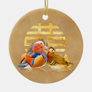 Mandarin Ducks and Double Happiness Symbol Ceramic Tree Decoration