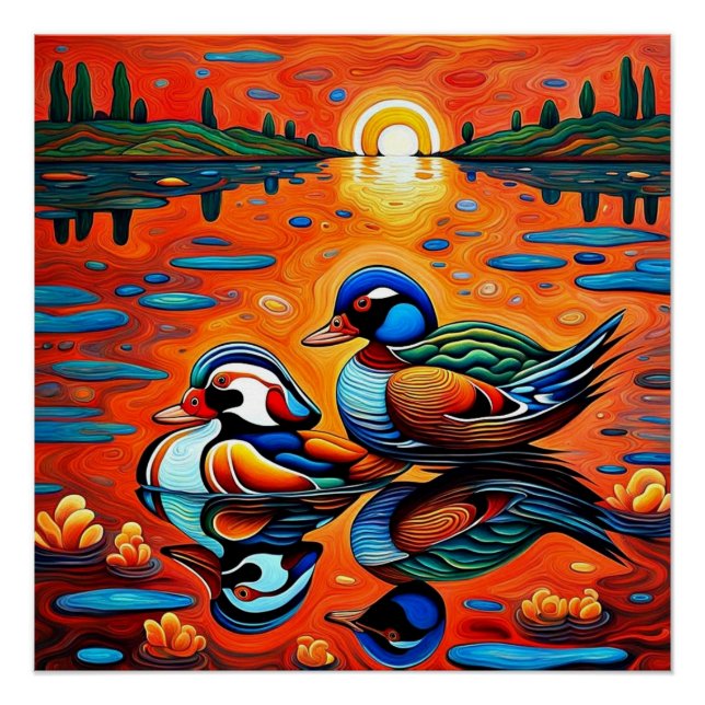 Mandarin Ducks at sunset Poster (Front)